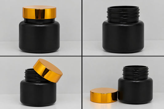 50GM HTC 009 BLACK HDPE JAR WITH GOLDEN UV CAP CHINA