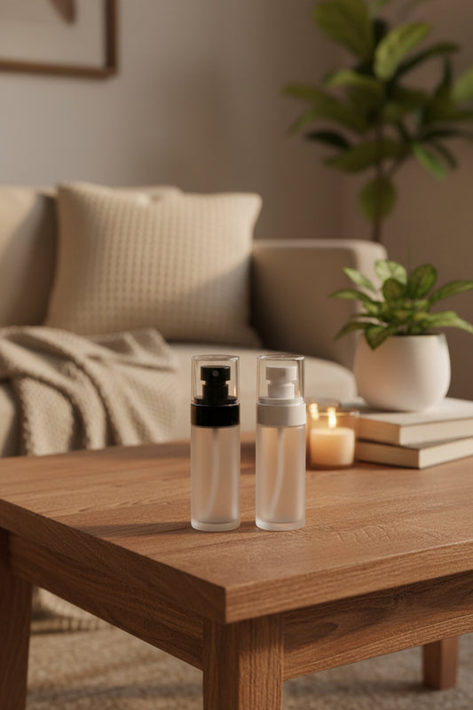 50ML ROUND FLAT GLASS FROSTED BOTTLE WITH MIST PUMP CHINA